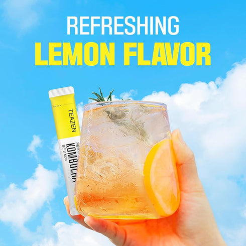 TEAZEN Lemon Kombucha Tea, Hydration Drink Mix, Sugar Free with Live Probiotics & Prebiotics, 10 Sticks