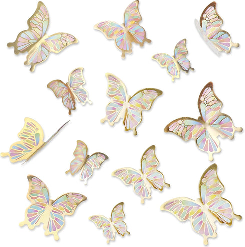 Ercadio 30 Pack 3D Butterfly Cake Toppers - Gold, Waterproof Mix Sizes, Cupcake Picks for Baby Shower, Party