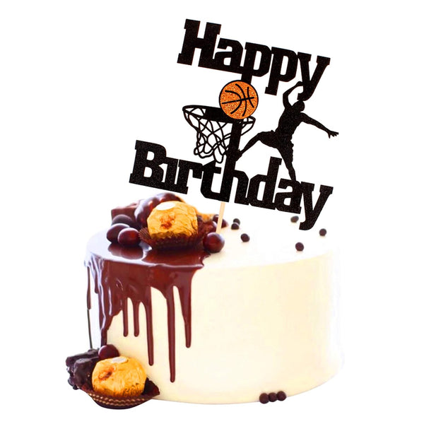 Unimall Basketball Happy Birthday Cake Topper - Basketball Scene Themed Cake Fruit Picks, Black Glitter Decorations
