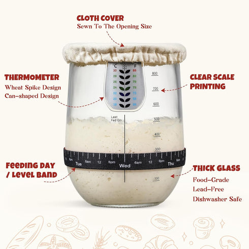 Snuvid 1 (34 oz) Set L Sourdough Starter Jar Kit, Wide Mouth Potbelly Crock - Glass Sour Dough Starter Bread Jar