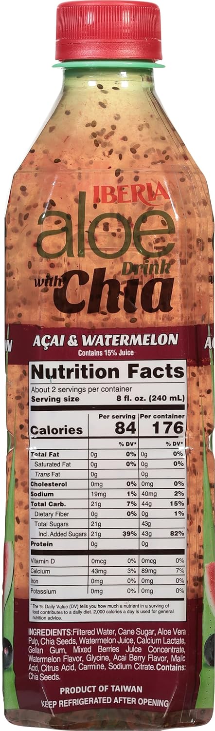 16.9 oz (Pack 8) Iberia Aloe Vera Drink With Aloe Pulp and Chia Seeds, Acai and Watermelon, fl