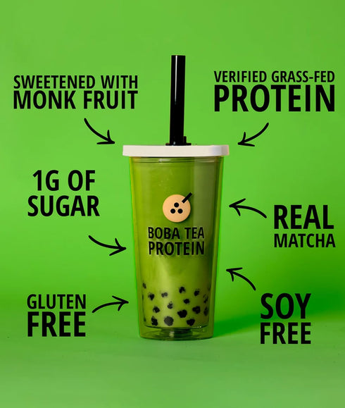 25g 19 Boba Tea Protein Matcha Latte | Grass-Fed Whey Protein Isolate Powder | Gluten-Free & Soy-Free Bubble Tea