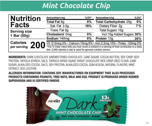 13g 12 Count NuGo Dark Chocolate Mint Chocolate Chip, Protein Bar, Vegan, Gluten Free, Non-GMO, Kosher Pareve