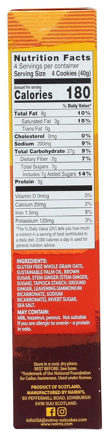 5.64 (Pack 6) Nairn's Stem Ginger Oat Grahams Cookie, Gluten Free, Ounces