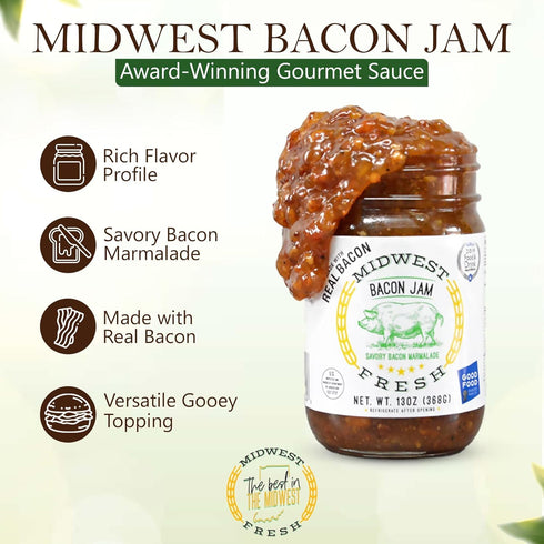 Midwest Fresh 13 oz (2 Pack, 13, Oz) Award-Winning Bacon Jam | Gourmet Burger Sauce and Charcuterie Board Staple |