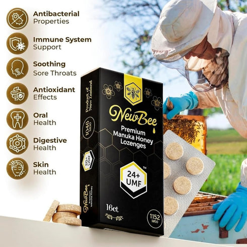 NEWBEE Lozenges, (16, 24+) Manuka Honey Made W/UMF, MGO New Zealand Manuka Honey, UMF Certified, Monofloral, Traceable