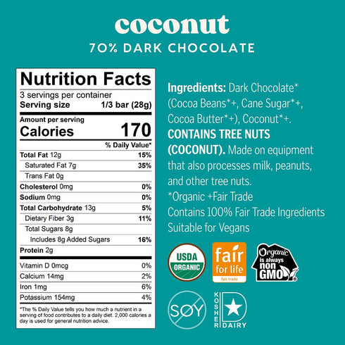 70% 6 Pack Theo Chocolate Coconut Organic Dark Chocolate Bar, Cacao, | Vegan, Fair Trade