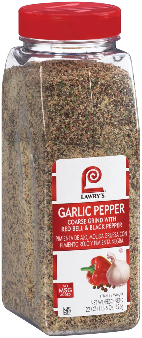 Lawry's Coarse Grind Garlic Pepper with Red Bell & Black Pepper, 22 oz - Great on Beef, Seafood, Salads, and Vegetables