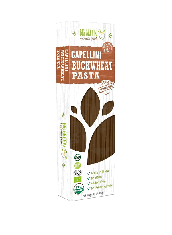 Big Green Organic Food Organic Buckwheat Capellini, 8.8oz, Gluten-Free, Non-GMO, 100% Buckwheat (1 Pack)