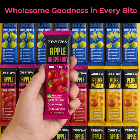 30 Pack ZEARAW Healthy Fruit Snacks for Adults and Kids Fruit Leather with Apple-Pear-Blueberry, Apple-Raspberry
