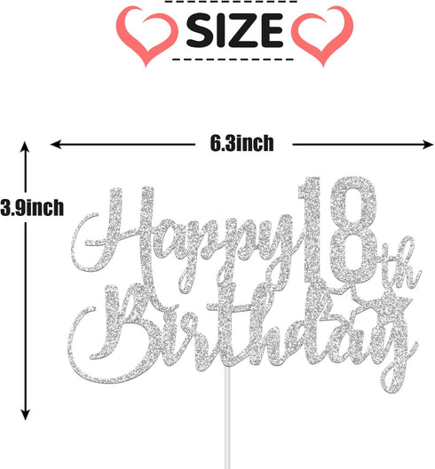 Silver Glitter Happy 18th Birthday Cake Topper - 18th Birthday Party Decoration