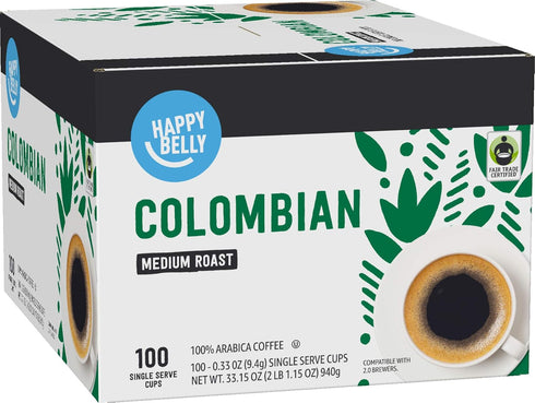2.0 100 Count Amazon Brand - Happy Belly Medium Roast Coffee Pods, Colombian, Compatible with Keurig K-Cup Brewers