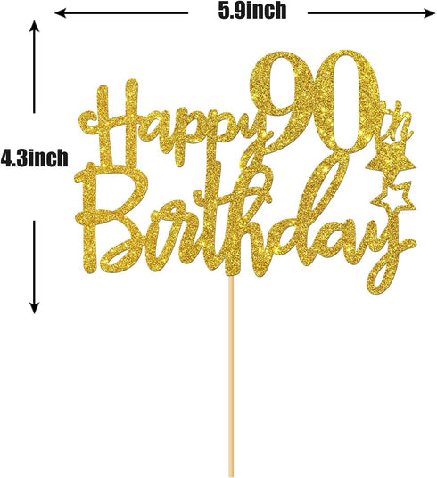 Gold Glitter Happy 90th Birthday Cake Topper, Cheers to 90 Years Party Supplies Decoration