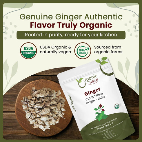 100% (1LB -16Oz) Organic Way Ginger Root Cut & Sifted (Zingiber officinale) - Herbal Tea | Kosher & USDA Certified |
