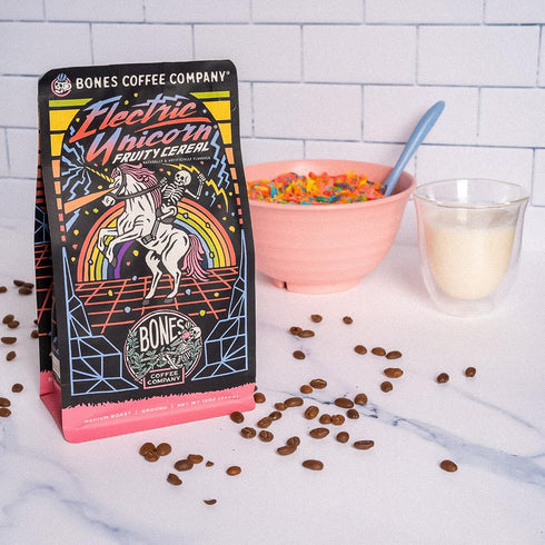 12 Oz Bones Coffee Company Electric Unicorn, Fruity Cereal With Milk Flavored Coffee, Medium Roast Low Acid Arabica