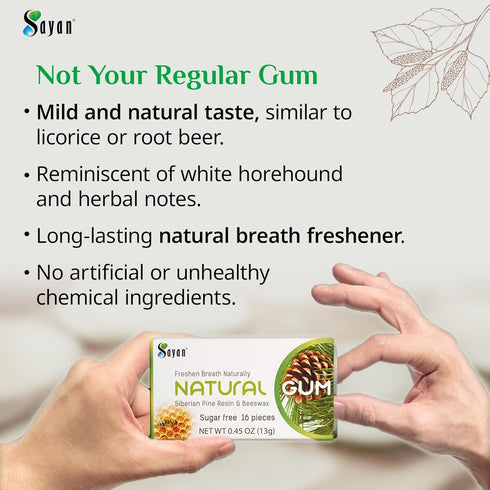 Sayan Sugar-Free All Natural Chewing Gum, 6 Packs (96 Pieces) of Siberian Pine Tree Resin and Beeswax for Fresh Breath