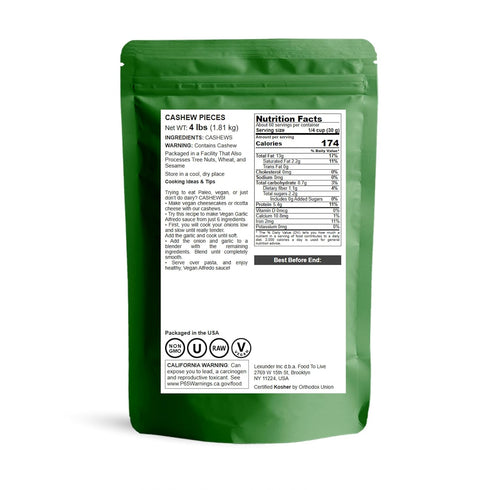 4 Food to Live Cashew Pieces, Pounds Kosher, Raw, Vegan, Paleo Friendly, Unsalted, Unroasted, Bulk, Rich in Selenium