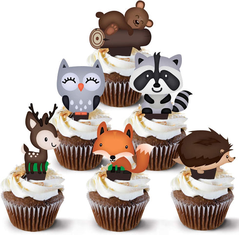 Pretty Cute Studios 48 Count Woodland Animals Cupcake and Cake Toppers – Includes 8 Owls, 8 Teddy Bears, 8 Raccoons, 8