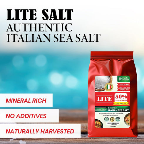 50% 2 Pacific Pelican Iodized Lite Italian Sea Salt, Less Sodium, Coarse Grain, Pound, Natural & Organic; best