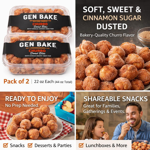 Pet4Homy Pack 2, 22 oz (44 oz Gen Bake Churro Donut Bites of Cinnamon Sugar Dessert Bites, Soft & Sweet Bakery Snack