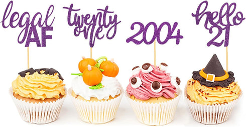 24 Pcs Glitter Cupcake Toppers for Celebrating 21st Birthday Party Decorations (Purple Glitter)