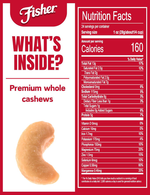 24 100% Fisher Snack Premium Whole Cashews, Ounces, Roasted with Sea Salt, No Artificial Colors or Flavors, Recyclable