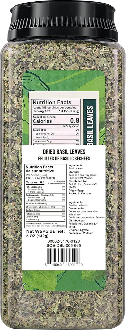 5 oz (142g), Soeos Basil Leaves, Cut and Sifted, Dried Basil Leaves, Pairs Well with Pasta, Salad, Pizza, Sauces