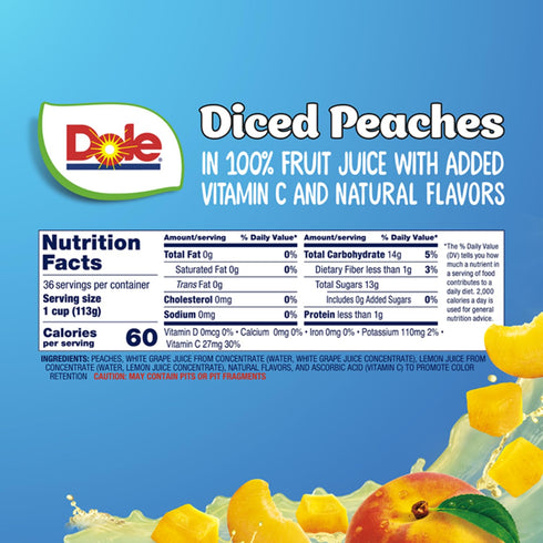100% 4oz 36 Dole Fruit Bowls Diced Peaches in Juice Snacks, Total Cups, Gluten & Dairy Free, Bulk Lunch Snacks for Kids