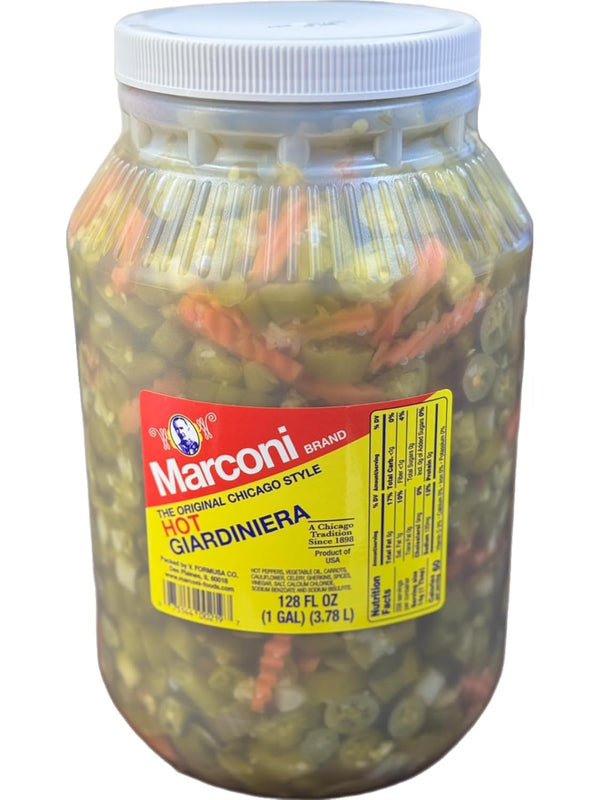 Marconi Hot Giardiniera, Chicago Style Vegetable Mix with Peppers, Carrots, Cauliflower, Celery Gherkins,