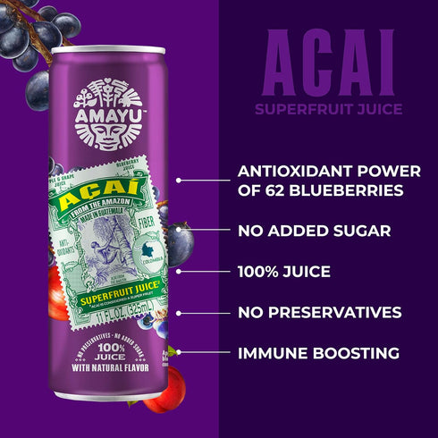 100% Immune 3 11oz (6-Pack) Amayu Exotic Super Fruit Juice | Acai | Organic Juice From the Amazon | NO Sugar Added |