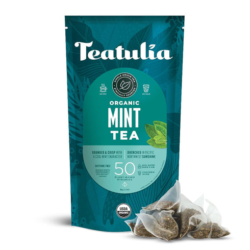 Teatulia Organic Mint Tea Bags - 50 Pyramid Sachet Teabags, Whole Leaf Mint Tea, Caffeine-Free