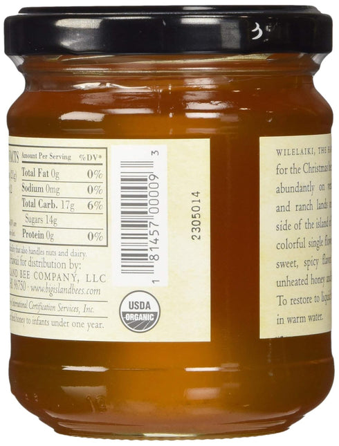 (9 oz Organic Wilelaiki (Hawaiian Christmas Berry) Raw Honey, Single Floral Variety by Big Island Bees Glass Jar)