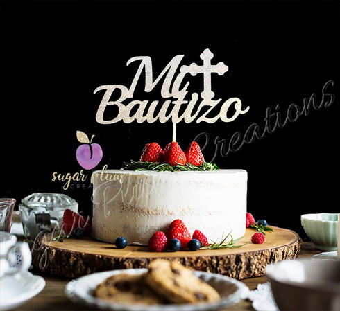 Mi Bautizo Cake Topper, Silver Glitter