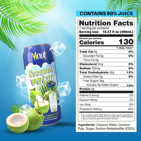 (16.57 oz, Pack 12), Vinut Original Coconut Water Drink With Pulp fl of Hydrate Naturally, Fresh, High Calcium