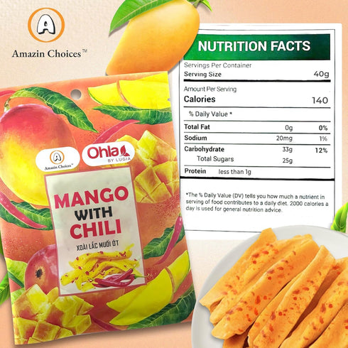 Pack 15 (1.76 oz x15) Spicy Dried Mango with Chili By Amazin Choices Vegan Sweet & Hot Fruit Snacks, Non-GMO Dry Chamoy