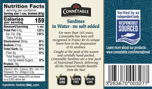 4.375 Pack 12 Sardines | Connetable | Sardines in Water | No salt added | Ounce |