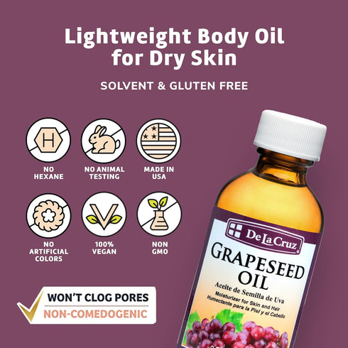 2 OZ. (59 mL) De La Cruz Grapeseed Oil - Natural Expeller Pressed Grapeseed Oil for Skin and Hair - Lightweight Body