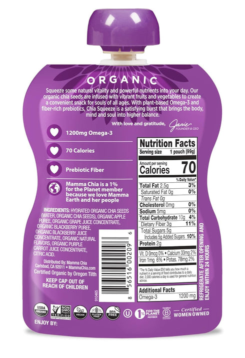 Mamma 24- 3.5 70 Chia Organic Vitality Squeeze Snack, Blackberry Bliss, Ounce Chia Pouches. USDA Organic, Non-GMO
