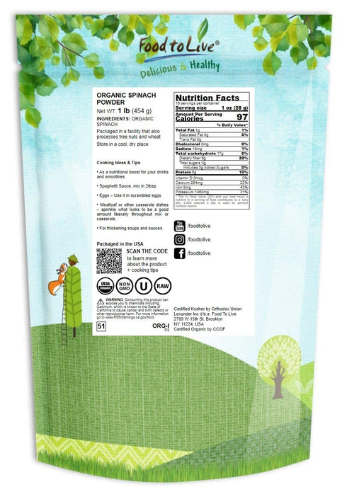 1 Food to Live Organic Spinach Powder, Pound Non-GMO, Finely Ground Dehydrated Leaves, Pure, Vegan, Kosher, Bulk.