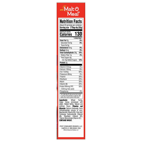28 OZ Malt-O-Meal Chocolate Hot Wheat Cereal, Instant Porridge with Folic Acid and Iron, Quick Breakfast Ready