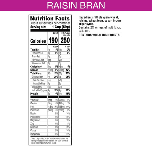 28g 20.9 oz (Pack 2) Kelloggs Raisin Bran Breakfast Cereal, High Fiber, Whole Grain, Large Size