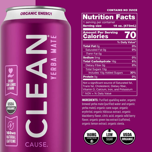 Pack 160mg (16oz 12-Pack 4 CLEAN Cause Low Calorie Variety Yerba Mate Tea Sparkling, USDA Organic Energy Drink