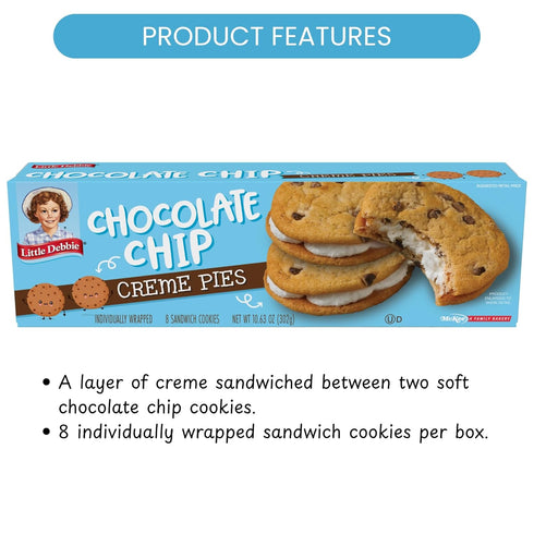 8 10.63 OZ Little Debbie Chocolate Chip Creme Pies, Individually Wrapped Sandwich Cookies, Box
