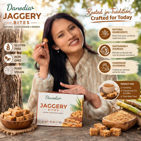 1 lb (450g), Danodia Foods Organic Snackable Jaggery Bites Pure & Natural, No Additives Sweetener, Vegan & Gluten-Free