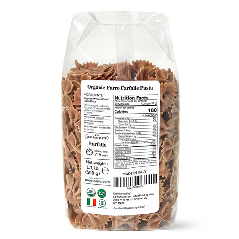 1.1 lb (Pack 4) Food to Live - Organic Farro Farfalle Pasta, of - Italian Whole Wheat and Non-GMO Bow-tie Pasta, Single
