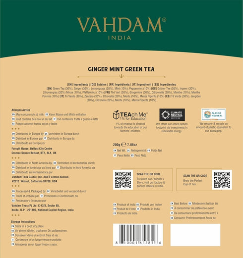 (100 Count) VAHDAM, Ginger Mint Green Tea Bags High Grown Green Tea with Raw Ginger | Medium Caffeine | Non GMO, Gluten
