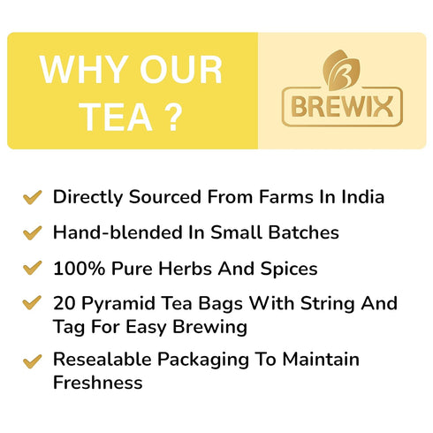 BREWIX Turmeric Ashwagandha Herbal Tea Bags (20 Pyramid Bags) - Caffeine Free, Gluten Free, Pure Herbal Blend
