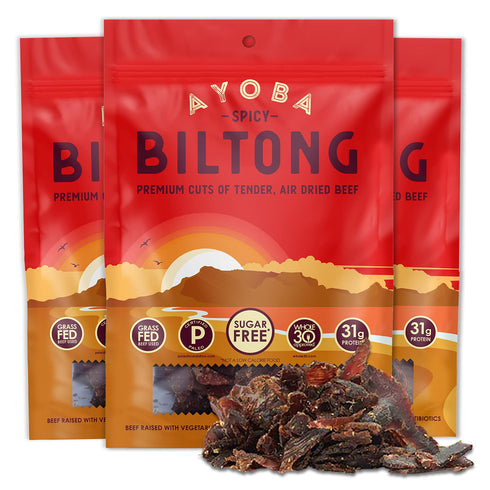 Ayoba Spicy Grass Fed Beef Biltong Slices (2 Ounce, Pack of 3) - Keto Friendly Air-Dried Beef Paleo Snacks
