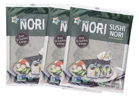 KIMNORI Sushi Nori Seaweed Sheets – 30 Full Size USDA Organic Yaki Roasted Rolls Wraps, Gluten Free, 10 Sheet X 3 Pack