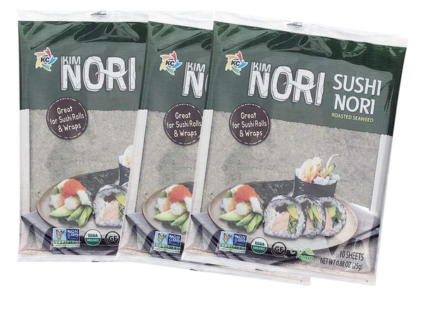 KIMNORI Sushi Nori Seaweed Sheets – 30 Full Size USDA Organic Yaki Roasted Rolls Wraps, Gluten Free, 10 Sheet X 3 Pack